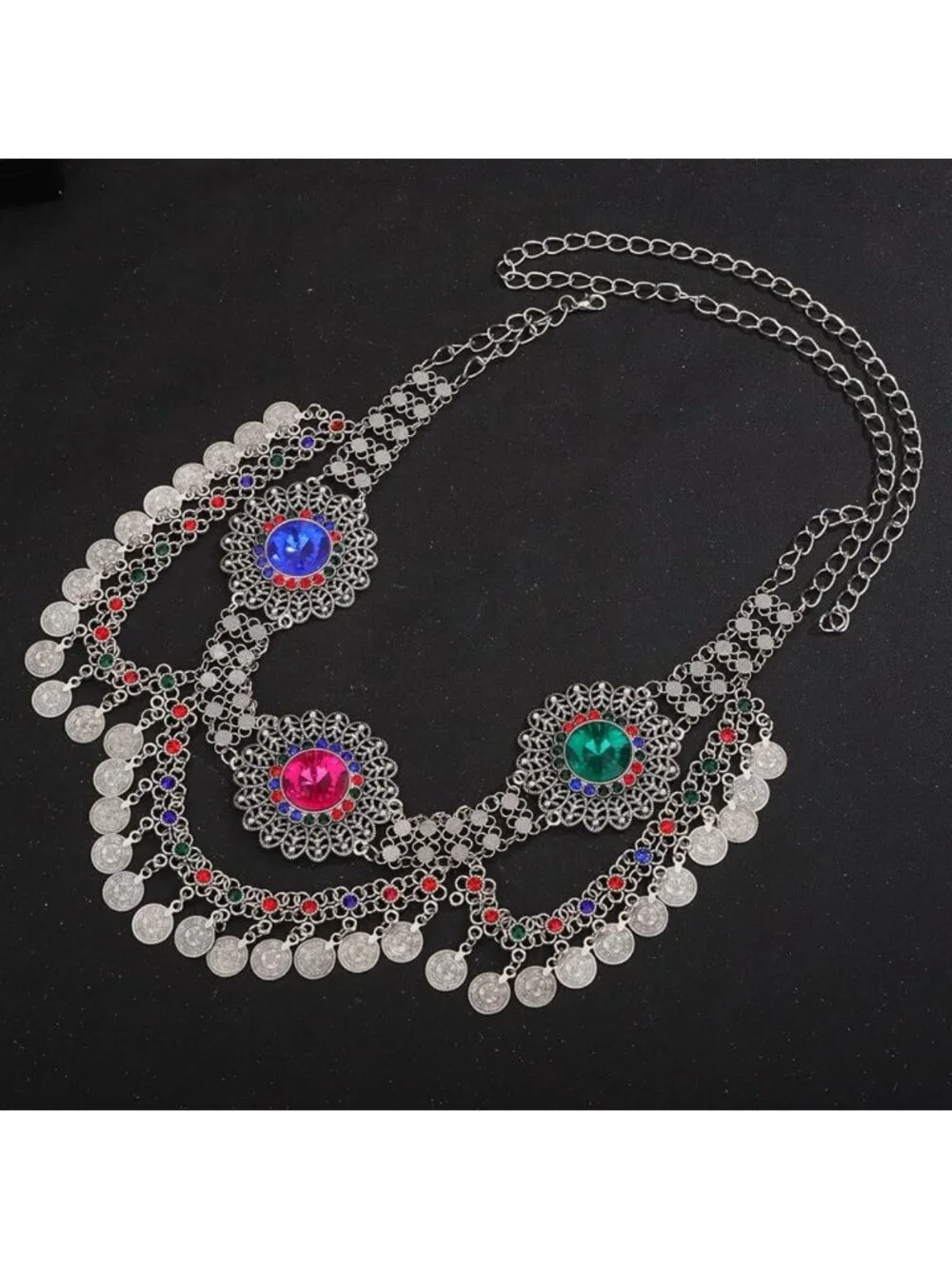 Boho Crystal Rhinestone Body Chain Belt with Silver Coin Pendant & Tassels
